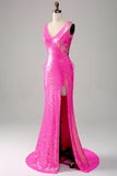 Vestido de fiesta de sirena rosa intenso brillante con abertura
