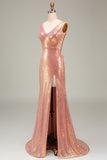 Vestido de fiesta de sirena rosa intenso brillante con abertura