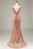 Vestido de fiesta de sirena rosa intenso brillante con abertura