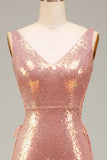 Vestido de fiesta de sirena rosa intenso brillante con abertura