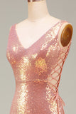 Vestido de fiesta de sirena rosa intenso brillante con abertura