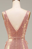 Vestido de fiesta de sirena rosa intenso brillante con abertura