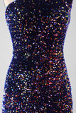 Vestido de fiesta largo de lentejuelas de un hombro de sirena negra con abertura