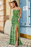 Vestido largo de fiesta de tirantes finos con estampado floral de sirena verde oliva con abertura