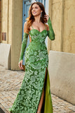 Vestido largo de fiesta de tirantes finos con estampado floral de sirena verde oliva con abertura