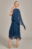 Vestido azul marino de gasa en forma de A con cuello redondo Madre de la novia