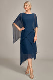 Vestido azul marino de gasa en forma de A con cuello redondo Madre de la novia
