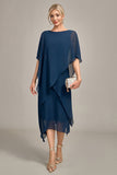 Vestido azul marino de gasa en forma de A con cuello redondo Madre de la novia