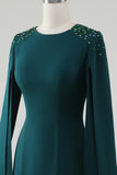 Vestido sirena verde oscuro con cuello redondo y mangas de capa de cuentas