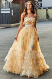Vestido de fiesta largo largo con niveles de tul plisado halter de línea A amarillo con bordados