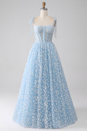 Vestido de fiesta con corsé azul cielo con tirantes de espagueti de una línea
