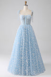 Vestido de fiesta con corsé azul cielo con tirantes de espagueti de una línea