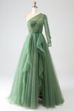Vestidos de fiesta largos de un solo hombro de línea A verde oscuro con mangas largas