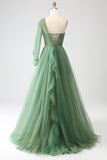 Vestidos de fiesta largos de un solo hombro de línea A verde oscuro con mangas largas