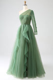 Vestidos de fiesta largos de un solo hombro de línea A verde oscuro con mangas largas
