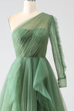 Vestidos de fiesta largos de un solo hombro de línea A verde oscuro con mangas largas
