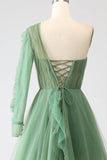 Vestidos de fiesta largos de un solo hombro de línea A verde oscuro con mangas largas