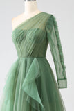 Vestidos de fiesta largos de un solo hombro de línea A verde oscuro con mangas largas