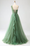 Vestidos de fiesta largos de tul verde oscuro de un solo hombro