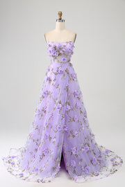 Vestido de fiesta largo lila con tirantes finos de una línea con flores en 3D