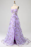 Vestido de fiesta largo lila con tirantes finos de una línea con flores en 3D