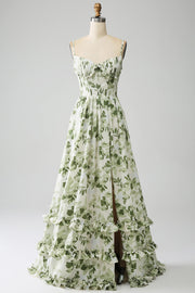 Vestido de fiesta largo plisado estampado de tirantes finos de línea A verde con abertura