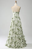 Vestido de fiesta largo plisado estampado de tirantes finos de línea A verde con abertura