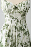 Vestido de fiesta largo plisado estampado de tirantes finos de línea A verde con abertura