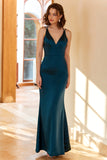 Vaina V Cuello Pavo Real Azul Vestido largo de fiesta con Criss Cross Back
