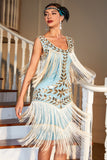 Vestido de 1920 Azul Albaricoque Lentejuelas Flecos
