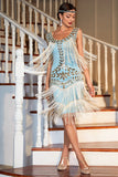 Vestido de 1920 Azul Albaricoque Lentejuelas Flecos