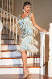 Vestido de 1920 Azul Albaricoque Lentejuelas Flecos