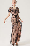 Vestido largo de lentejuelas de rubor negro de la década de 1920