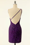 Vestido de cóctel de lentejuelas de un hombro morado