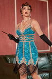 Azul Lentejuelas Gatsby 1920s Vestido Corto con Flecos