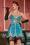 Azul Lentejuelas Gatsby 1920s Vestido Corto con Flecos