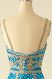 Azul Lentejuelas Vestido corto de cóctel con flecos