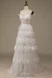 Vestido de novia de encaje blanco brillante con hendidura