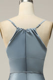 Correas de Espagueti Vestido de Dama de Honor Azul Satín
