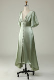 A Línea Cuello en V Verde Claro Vestido de Dama de Honor