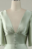 A Línea Cuello en V Verde Claro Vestido de Dama de Honor