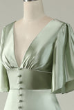 A Línea Cuello en V Verde Claro Vestido de Dama de Honor