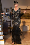 V Cuello Lentejuelas Verde Oscuro 1920s Vestido Flecos