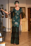V Cuello Lentejuelas Verde Oscuro 1920s Vestido Flecos