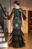 V Cuello Lentejuelas Verde Oscuro 1920s Vestido Flecos