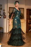 V Cuello Lentejuelas Verde Oscuro 1920s Vestido Flecos