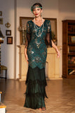 V Cuello Lentejuelas Verde Oscuro 1920s Vestido Flecos