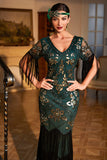 V Cuello Lentejuelas Verde Oscuro 1920s Vestido Flecos