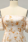 Fuera del Hombro Flor Amarilla Estampada Vestido de Dama de Honor