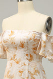 Fuera del Hombro Flor Amarilla Estampada Vestido de Dama de Honor